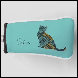 Modern Turquoise Blue and Gold Cat Golf Head Cover