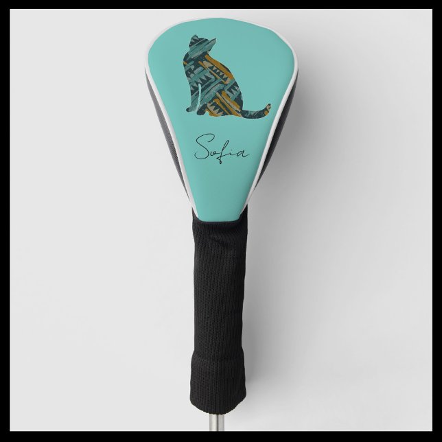 Modern Turquoise Blue & Gold Cat Golf Head Cover (Creator Uploaded)
