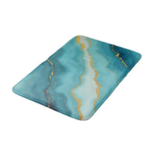Modern Turquoise Blue Gold Marble Collection Bath Mat