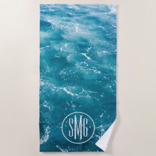 Modern Turquoise Blue Ocean Waves Pattern Monogram Beach Towel