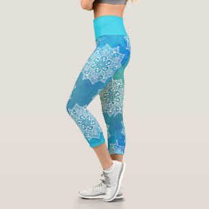 Modern turquoise blue ombre watercolor mandala capri leggings
