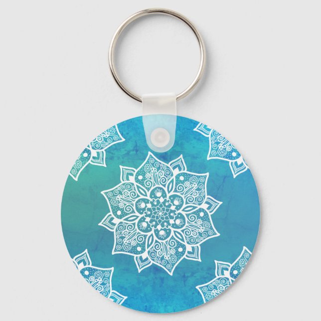Modern turquoise blue ombre watercolor mandala keychain (Front)