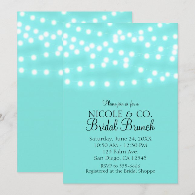 Modern Turquoise Blue & String Lights Elegant Invitation (Front/Back)