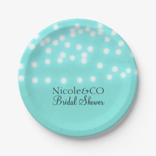 Modern Turquoise Blue & String Lights Elegant Paper Plate