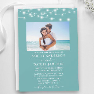 Modern Turquoise Blue String Lights Photo Wedding Invitation