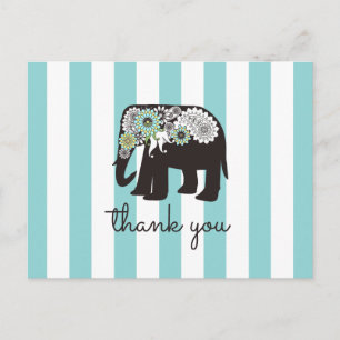 Modern Turquoise Blue Striped Elephant Thank You Postcard