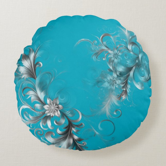 Modern Turquoise Blue with Ornate Silver Round Pillow (Front)
