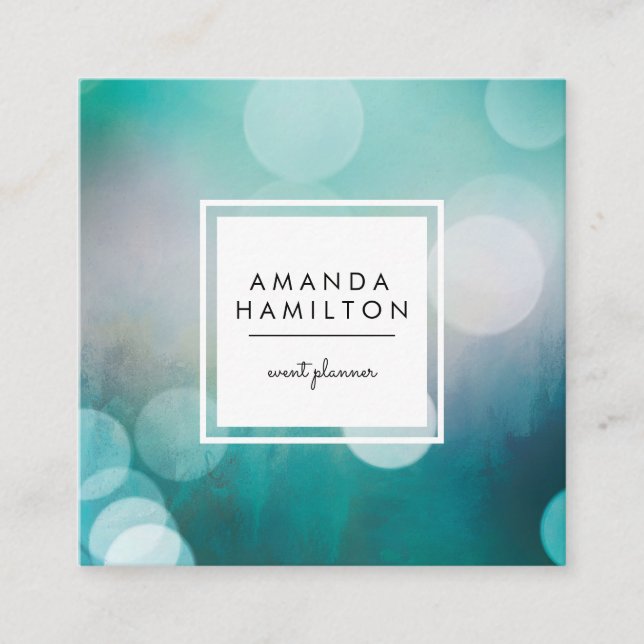Modern Turquoise Bokeh Glitter Fashion & Beauty Square Business Card (Front)