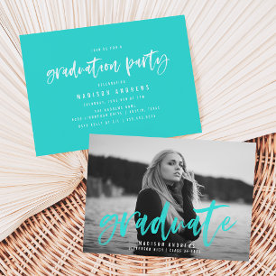 Modern Turquoise Brush Script Graduation Party Invitation