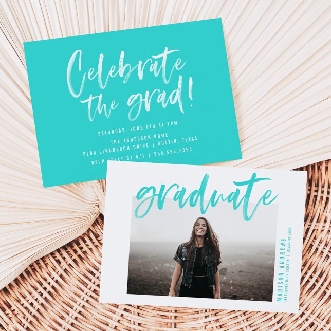 Modern Turquoise Brushed Script Graduation Party Invitation (Creator Uploaded)