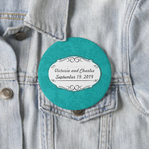 Modern Turquoise Chartreuse Damask Wedding 4 Inch Round Button