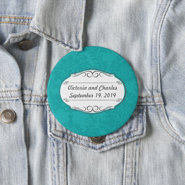 Modern Turquoise  Chartreuse Damask Wedding 4 Inch Round Button (In Situ)