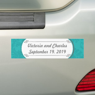 Modern Turquoise Chartreuse Damask Wedding Bumper Sticker