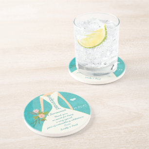 Modern Turquoise  Chartreuse Damask Wedding Coaster