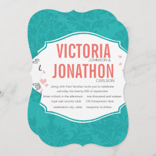Modern Turquoise Chartreuse Damask Wedding Invitation
