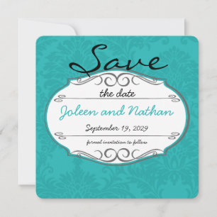 Modern Turquoise  Chartreuse Damask Wedding Invitation