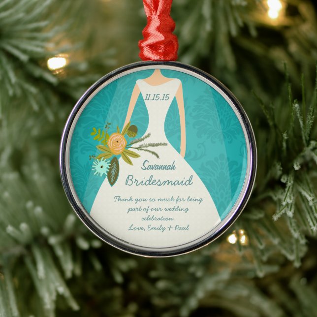Modern Turquoise  Chartreuse Damask Wedding Metal Ornament (Tree)
