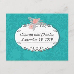 Modern Turquoise  Chartreuse Damask Wedding Postcard
