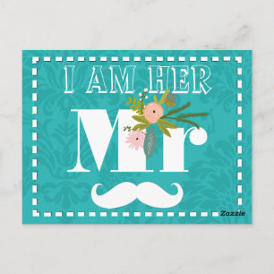 Modern Turquoise  Chartreuse Damask Wedding Postcard