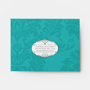 Modern Turquoise  Chartreuse Damask Wedding RSVP Envelopes