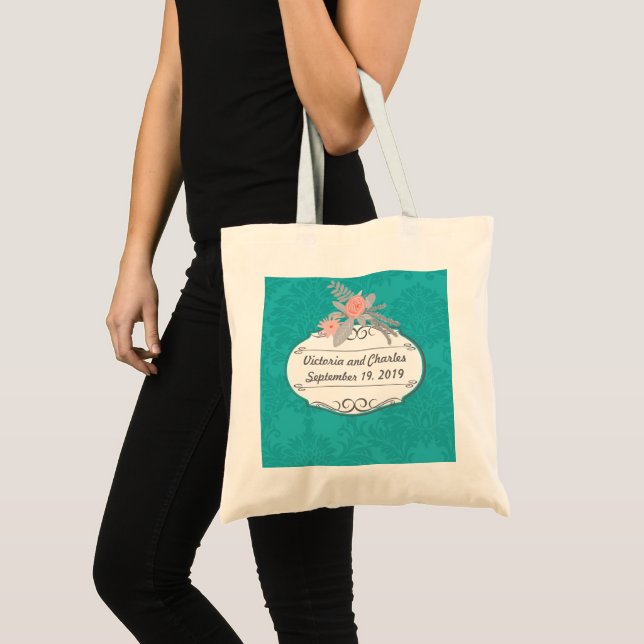 Modern Turquoise  Chartreuse Damask Wedding Tote Bag (Front (Product))