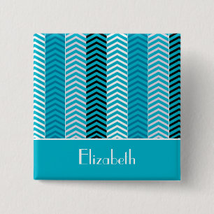 Modern Turquoise Chevron Stripes With Name 2 Inch Square Button