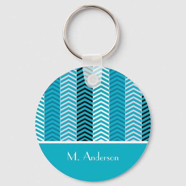 Modern Turquoise Chevron Stripes With Name Keychain (Front)