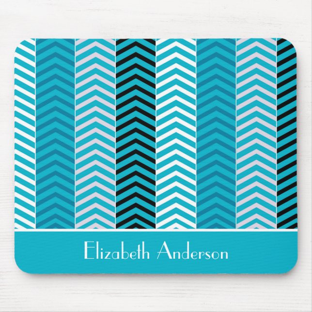 Modern Turquoise Chevron Stripes With Name Mouse Pad (Front)