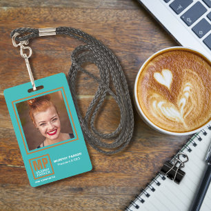 Modern Turquoise Copper Square Monogram Logo Photo Badge
