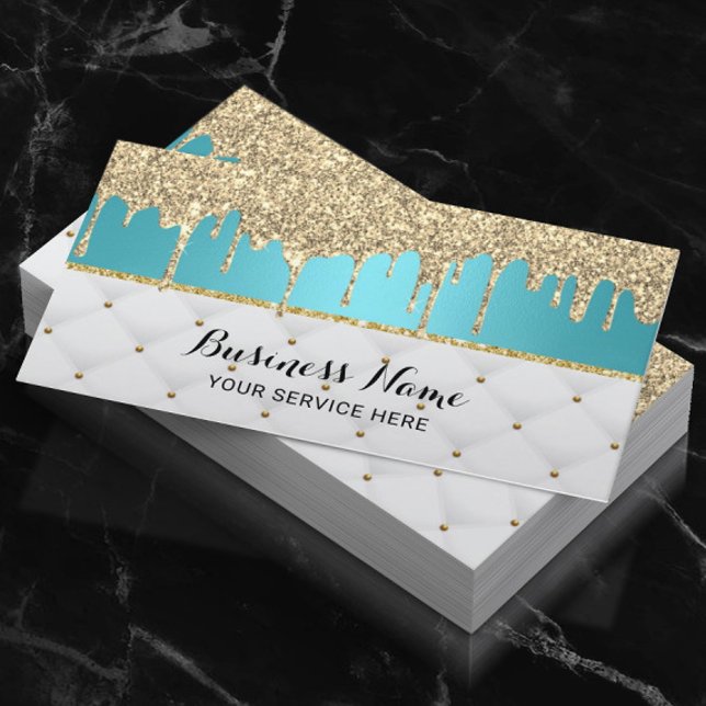 Modern Turquoise Faux Gold Glitter Drips Luxury Business Card (Creator Uploaded)