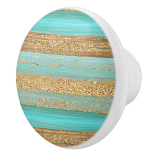 Modern Turquoise Faux Gold Glitter Stripes Pattern Ceramic Knob