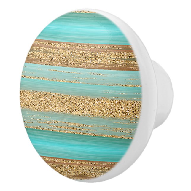 Modern Turquoise Faux Gold Glitter Stripes Pattern Ceramic Knob (Right)