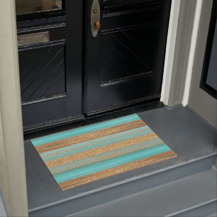 Modern Turquoise Faux Gold Glitter Stripes Pattern Doormat