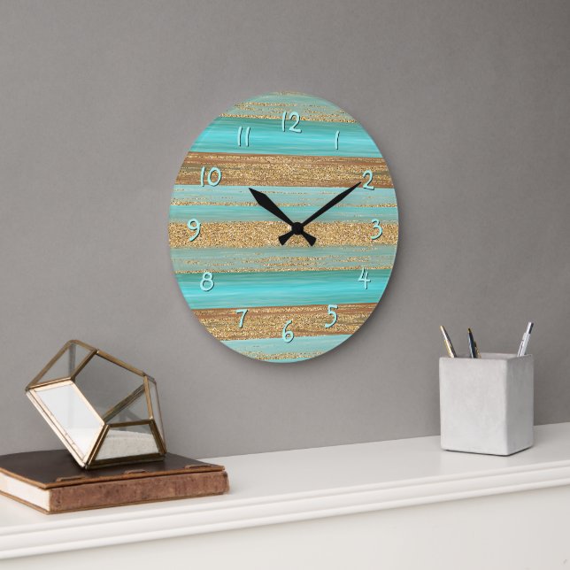 Modern Turquoise Faux Gold Glitter Stripes Pattern Large Clock (Office)