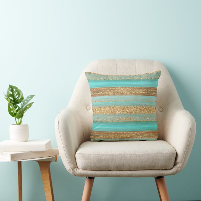 Modern Turquoise Faux Gold Glitter Stripes Pattern Throw Pillow (Chair)