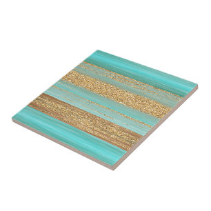 Modern Turquoise Faux Gold Glitter Stripes Pattern Tile