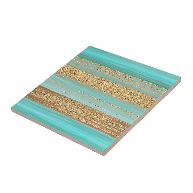 Modern Turquoise Faux Gold Glitter Stripes Pattern Tile (Side)