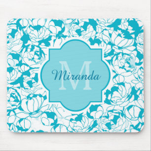 Modern Turquoise Floral Girly Monogram With Name Mouse Pad