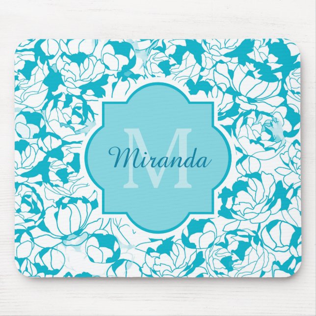 Modern Turquoise Floral Girly Monogram With Name Mouse Pad (Front)