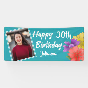 Modern Turquoise Floral Happy 30th Birthday Photo Banner