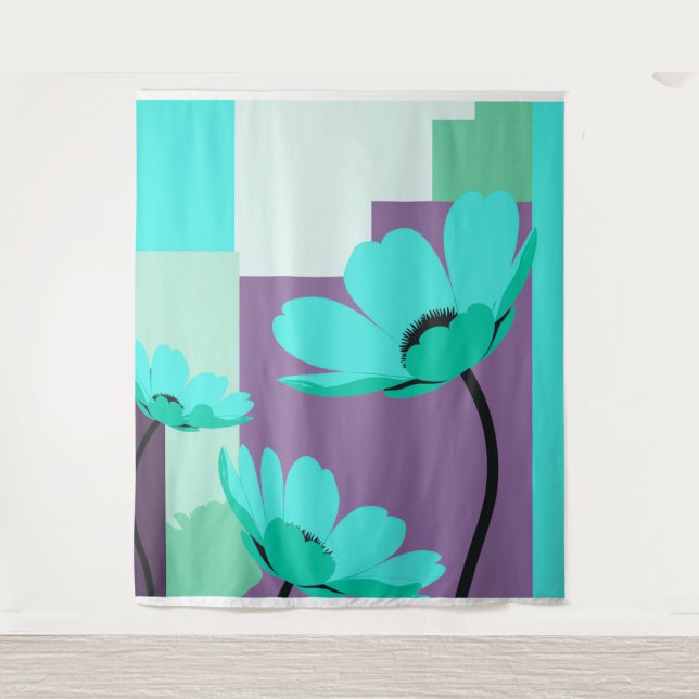 Modern Turquoise Floral Wall Tapestry (Front)