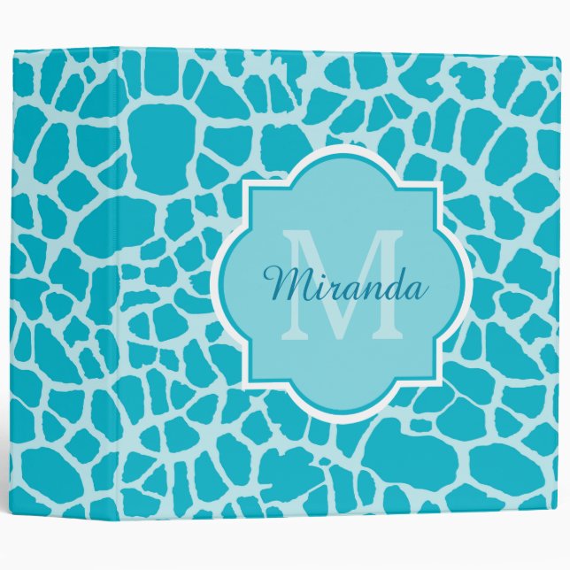 Modern Turquoise Giraffe Print Monogram With Name Binder (Front/Spine)