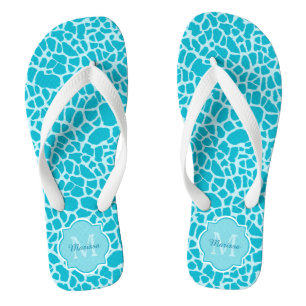 Modern Turquoise Giraffe Print Monogram With Name Flip Flops