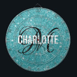 Modern turquoise glitter monogram name dart board<br><div class="desc">Modern turquoise glitter dart board with a white typography name and black monogram. Personalize with name and initial.</div>