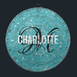 Modern turquoise glitter monogram name dart board<br><div class="desc">Modern turquoise glitter dart board with a white typography name and black monogram. Personalize with name and initial.</div>