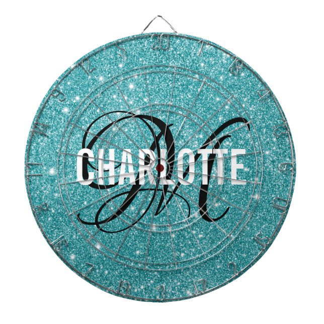 Modern turquoise glitter monogram name dart board (Front)