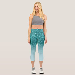 Modern Turquoise glitter ombre sparkles girly Capri Leggings