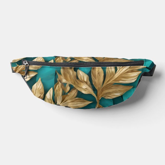 Modern Turquoise Gold Boho Leaves Collection Fanny Pack (Lay Down)
