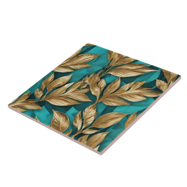 Modern Turquoise Gold Boho Leaves Collection Tile (Side)