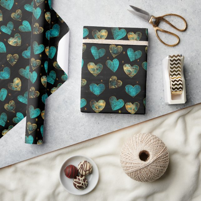 Modern turquoise gold heart pattern wrapping paper (Crafts)